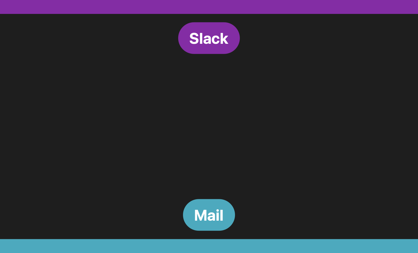 Two alerts at the same time: a purple band along the top edge labeled Slack, and a teal band along the bottom edge labeled Mail — each app in its own color