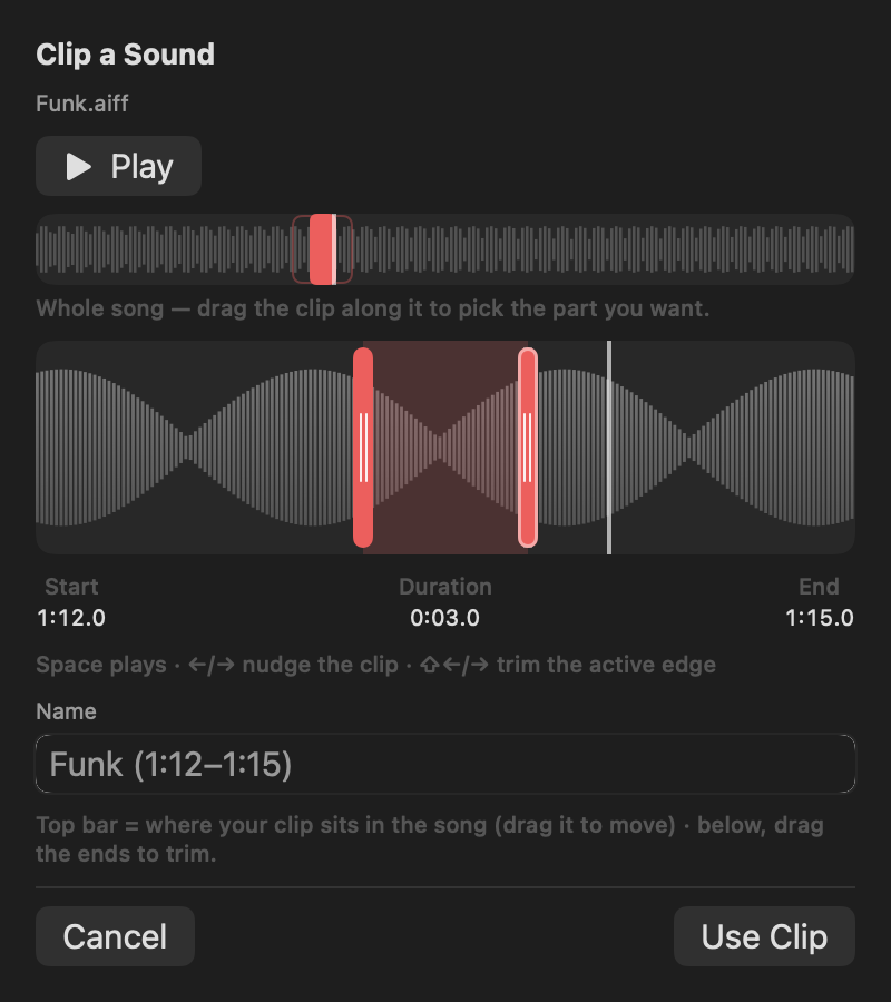 TrillMark's clip editor: a waveform of a song with a three-second region selected to save as a notification sound