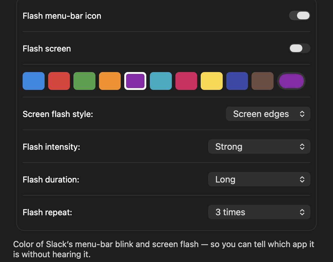 Per-app flash settings in TrillMark: a row of colors to choose from, then menus for the flash style, intensity, duration and repeat