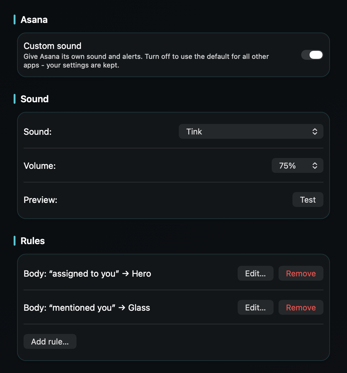 In TrillMark you add a rule that fires only for the Asana notifications that need you - a task assigned to you, an @mention.