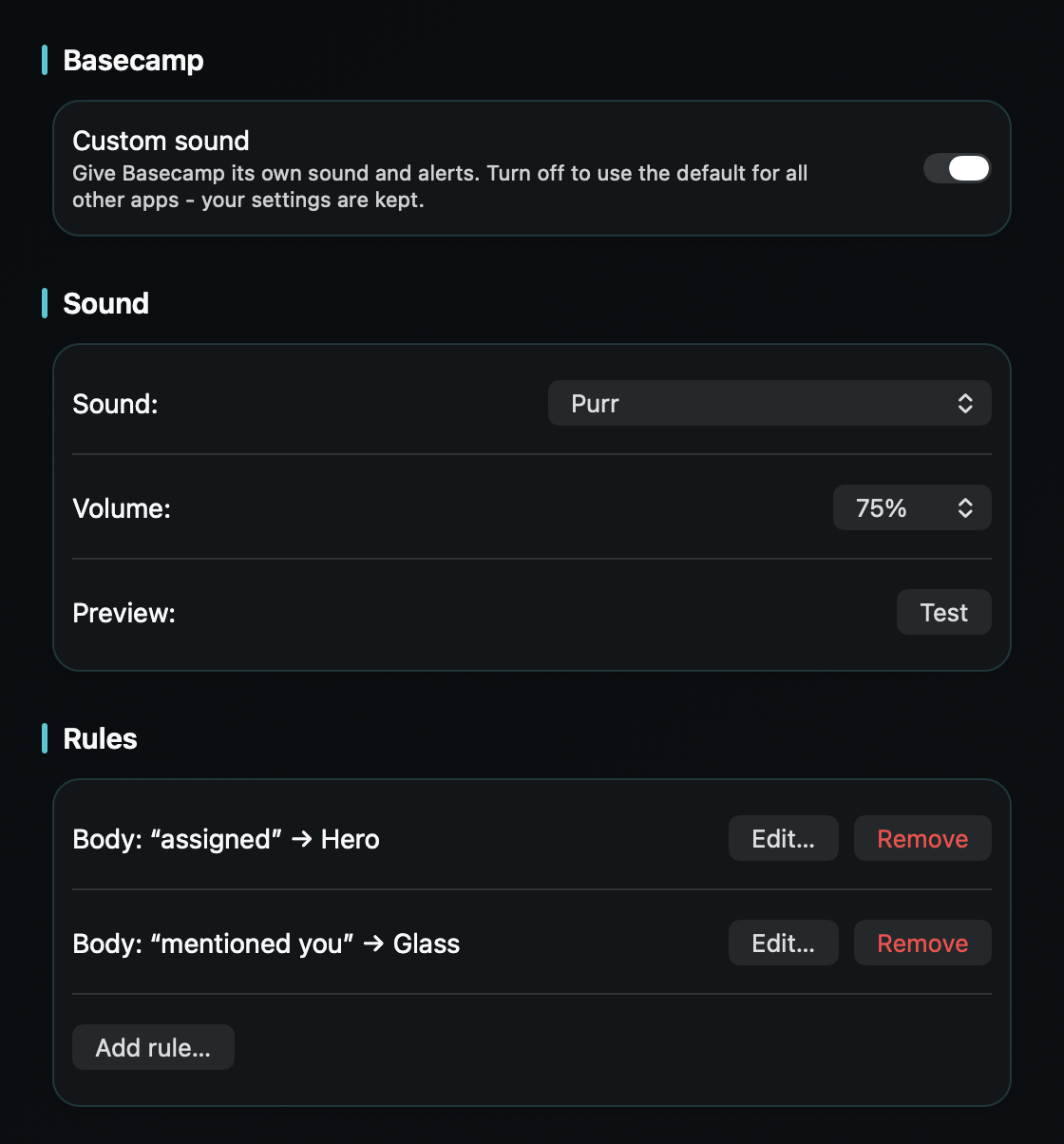 In TrillMark you add a rule that fires only for the Basecamp notifications that need you - a Ping, a mention, a to-do in your name.