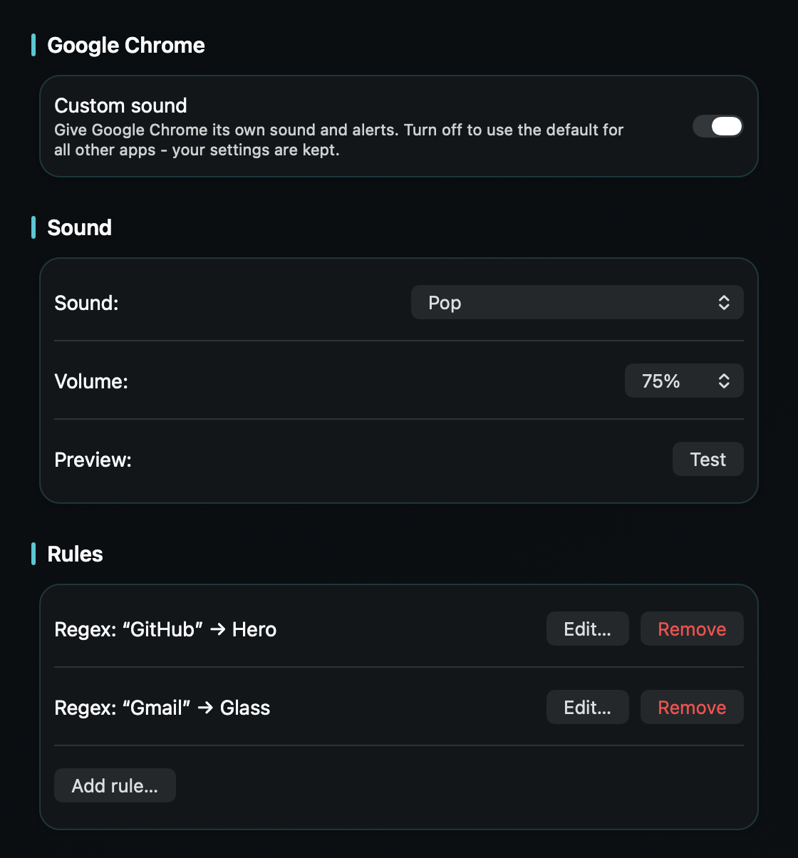 Because every Chrome web notification is labeled “Google Chrome,” TrillMark’s rules let you match the site by its notification text.