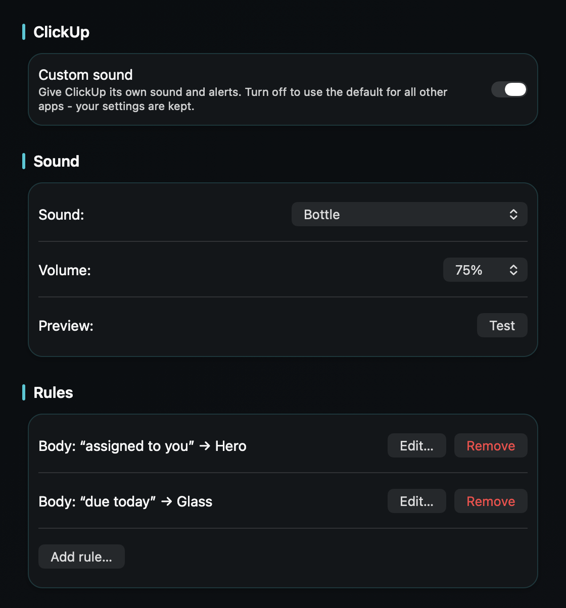In TrillMark you add a rule that fires only for the ClickUp notifications that need you - a task assigned to you, an @mention, a due date.