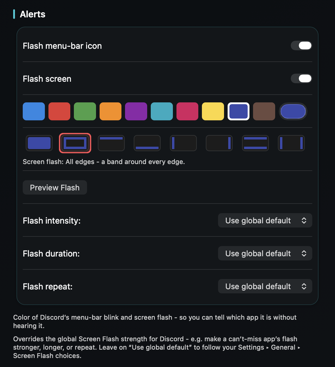 Per-app flash settings in TrillMark: pick Discord's color, then how it flashes - style, intensity, duration and repeat.