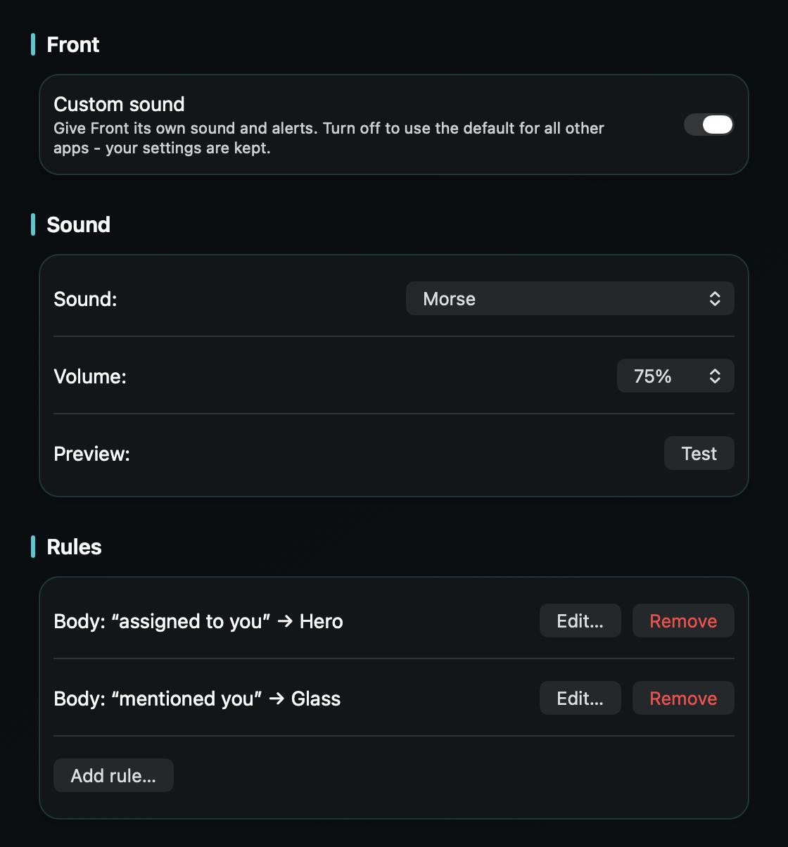 In TrillMark you add a rule that fires only for the Front notifications that need you - a conversation assigned to you, an @mention in a comment.