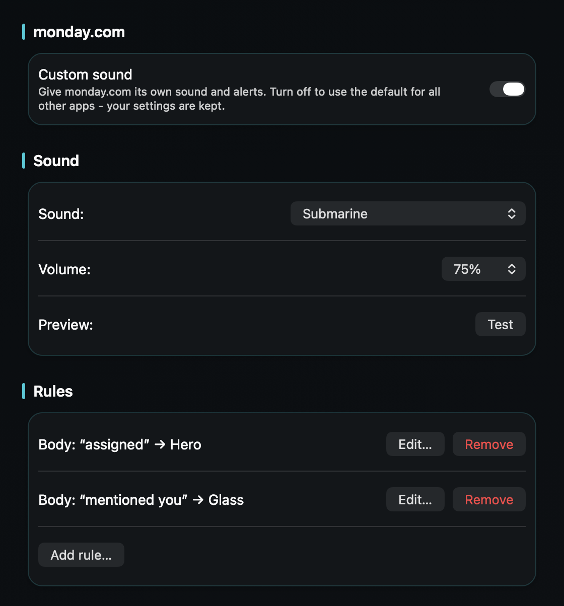 In TrillMark you add a rule that fires only for the monday.com notifications that need you - an item assigned to you, an @mention in an update.
