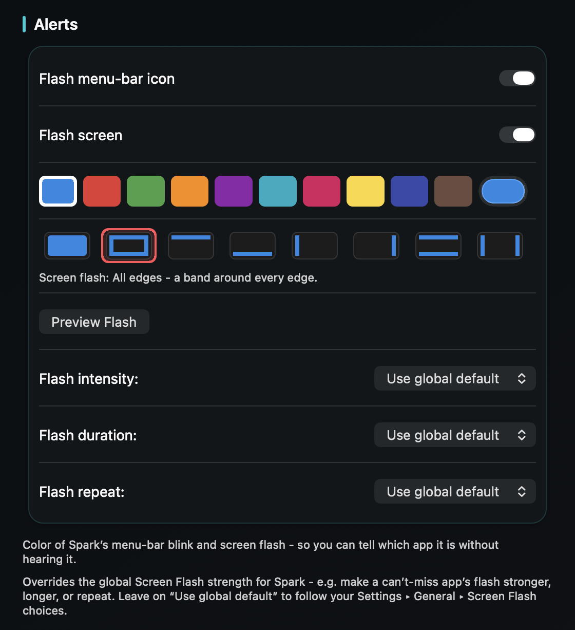Pick Spark's color and how it flashes, then add rules that match a specific sender or subject.