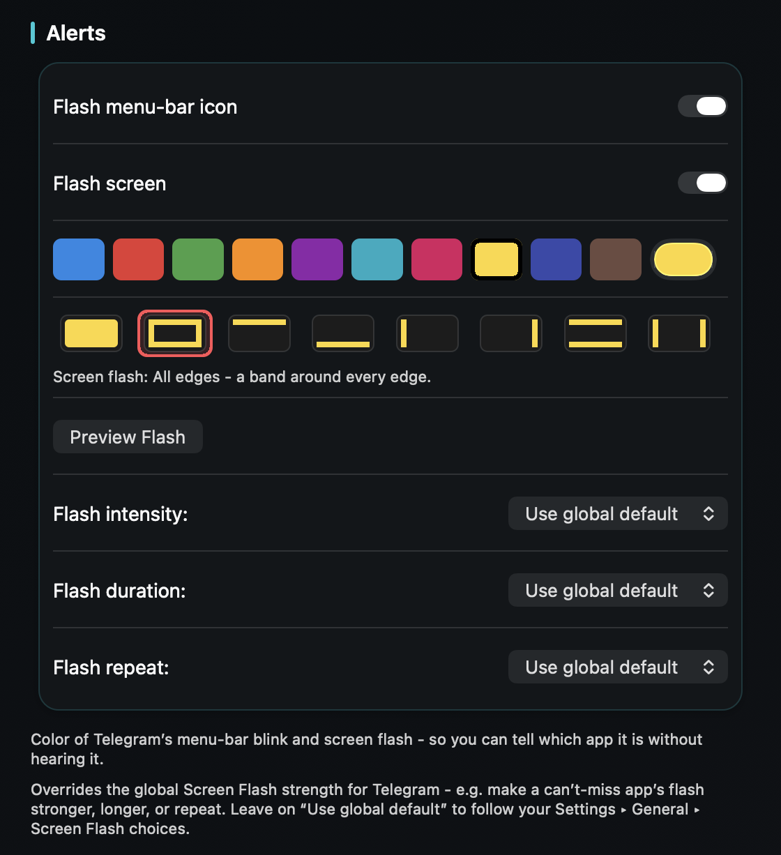 Pick Telegram’s color and how it flashes in TrillMark, then add a rule that lifts private chats above channel noise.